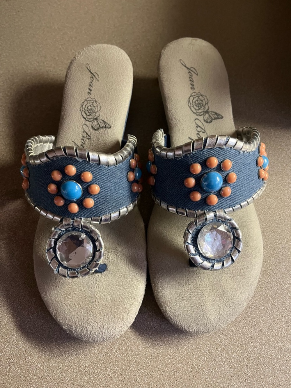 Joan Boyce Blue Denim Slide Sandals with Coral and Turquoise Accents